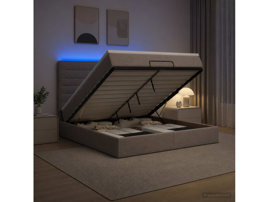 Vidaxl Cama Ottoman Com Colchão E Led Cinzento-acastanhado Tecido