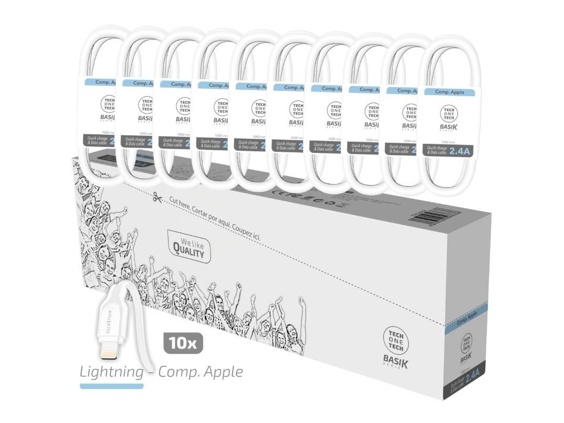 Pack 10 Cabos Lightning TECH ONE TECH Tec2952/ Lightning Macho Lightning Macho/ 1M/ Branco