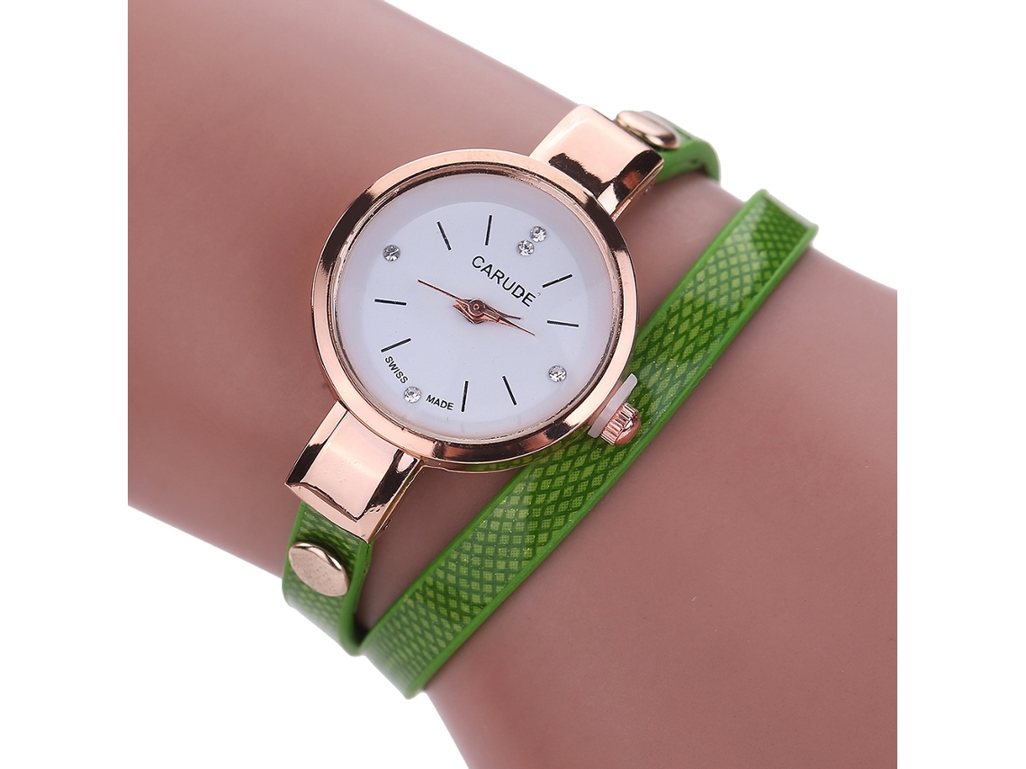 Relógio de Pulso Feminino de Moda com Pulseira de Couro Pu Fina e Strass (verde)