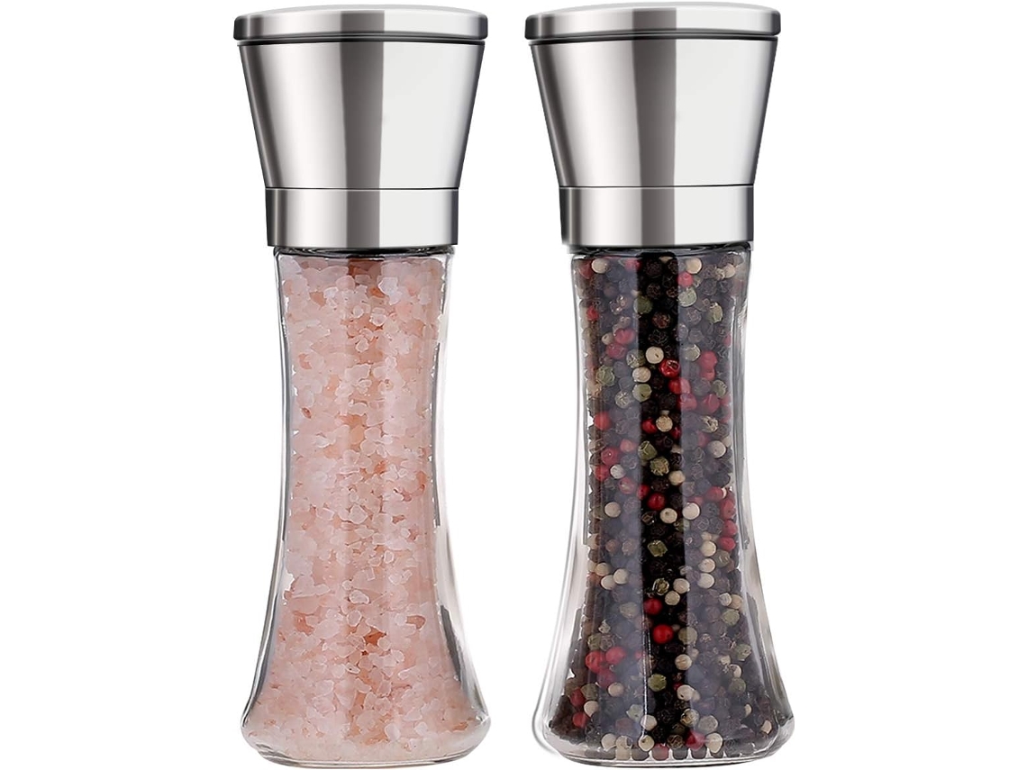 Conjunto de 2 Moedores Sal e Pimenta Redondos em Aço Inoxidável, com Rotor Cerâmica Ajustável 5 Níveis Moagem. AQUAFORGE