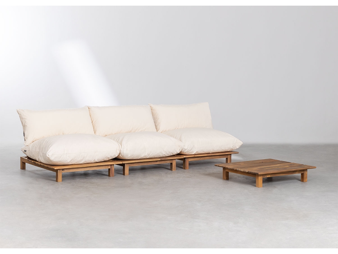 SKLUM Sofá Modular para Jardim Reclinável de 3 Peças com Mesa de Centro Brina Madeira de Acácia Beige Creme