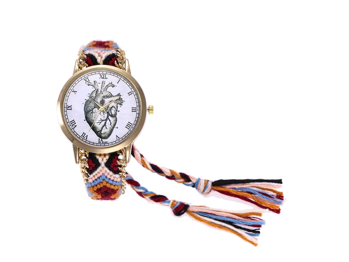Relógio Pulseira Feminino de Lã Tecida com Números Romanos Movimento Quartzo Café