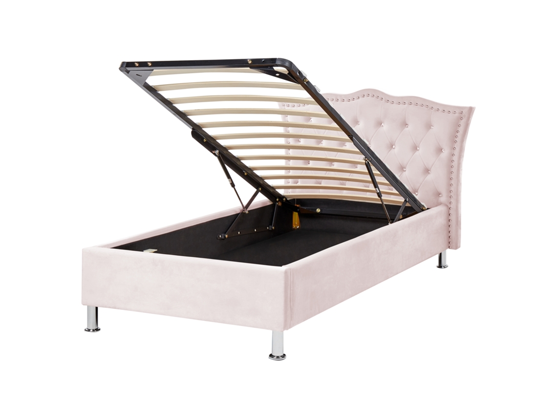 Cama Baú Estofada Chesterfield Em Veludo Beliani Metz De Veludo Rosa Pastel 90x200