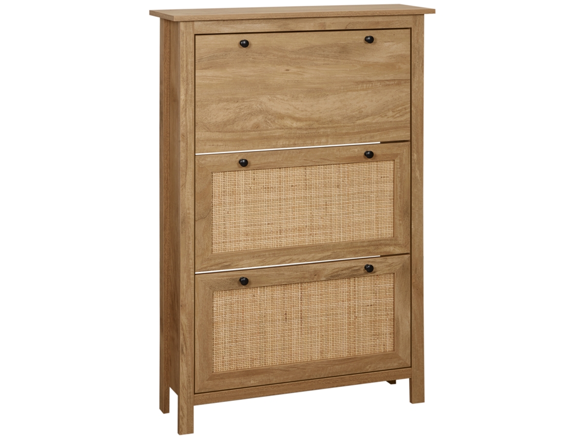 Armário Para Sapatos, Prateleira Para Com 3 Portas Basculantes E Em Vime Com Efeito Rattan - Feito De Madeira Natural