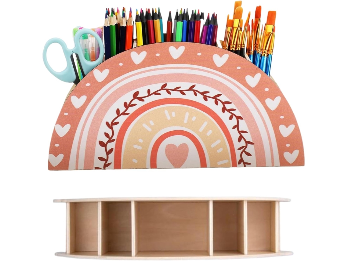 Organizador de mesa infantil Madeira com 5 compartimentos, porta-lápis macio e estojo reutilizável, ideal para crianças.