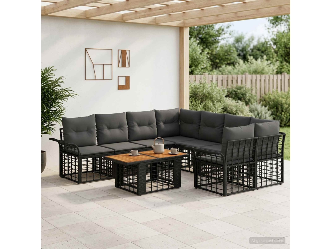 Vidaxl Conjunto De Sofá De Jardim 9 Unid. Preto E Cinza Escuro Vime Pe