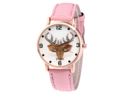 Relógio de quartzo unissex com pulseira de couro PU, mostrador com desenho de alce, Zhoulianfa (rosa)