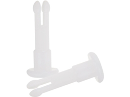 Conjunto de 2 pinos de plástico branco para fixação e manuseio simples, ideais para óculos e óticas.
