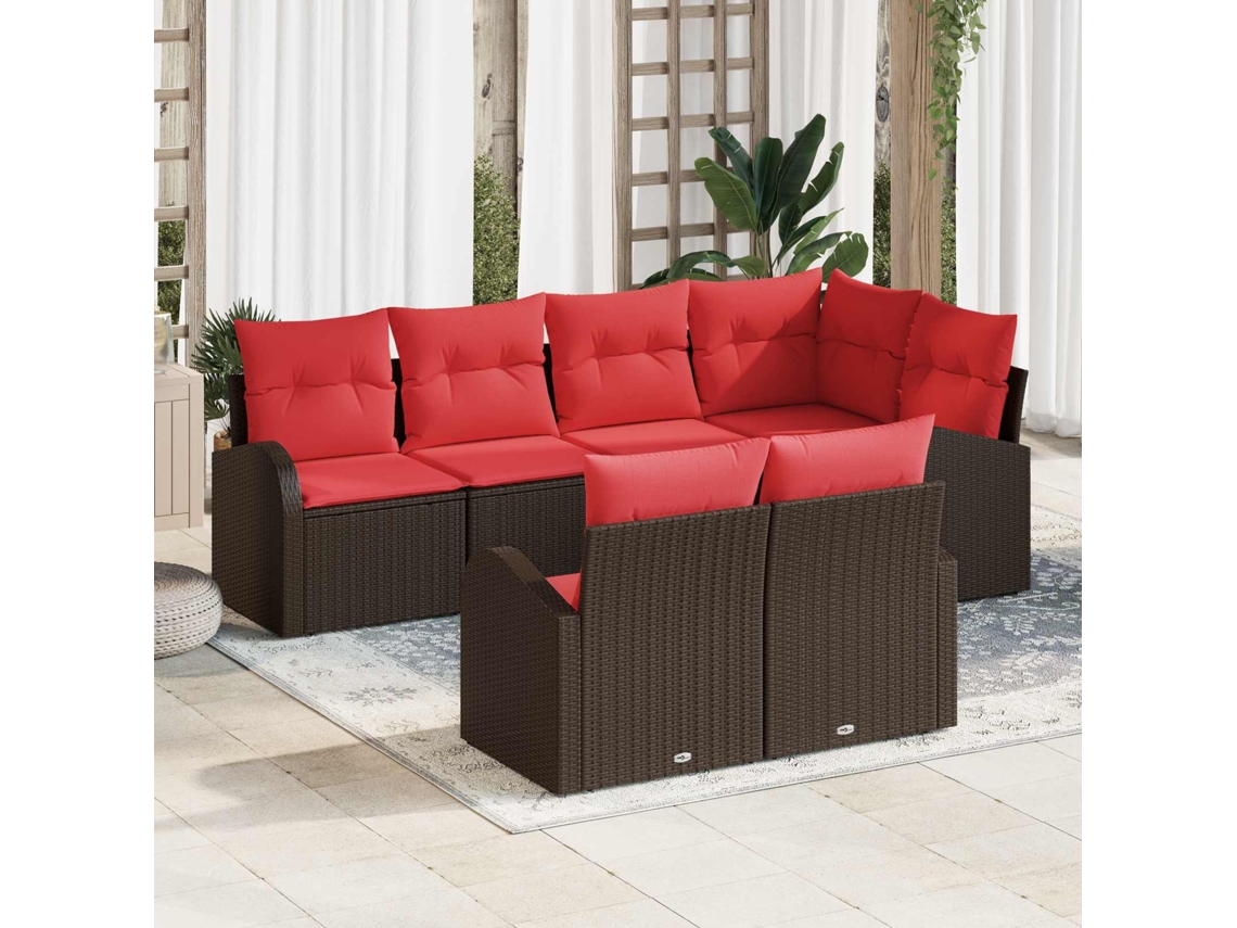 Vidaxl Conjunto De Sofá De Jardim 7 Pcs Marrom E Vermelho Vime Pe