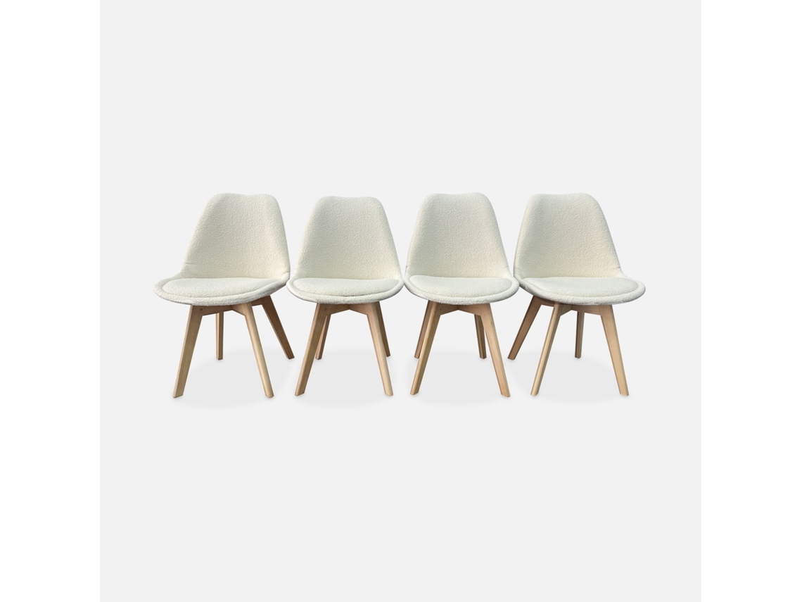 Cadeira Estilo Escandinavo Em Tecido Bouclé Com Pés Em Madeira, Set De 4, Branco