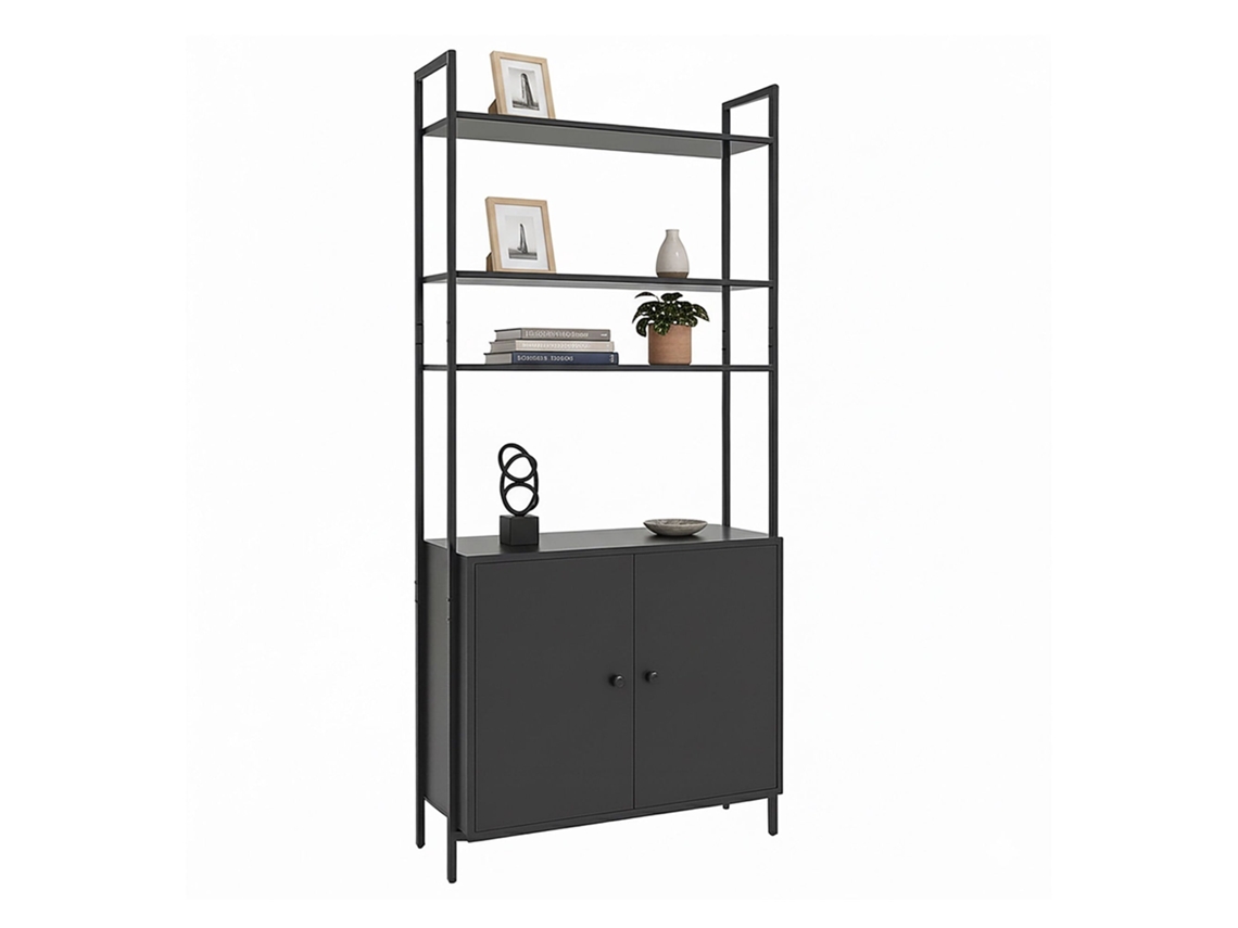 Estante Preta Mdf E Metal Com 4 Prateleiras Ajustáveis