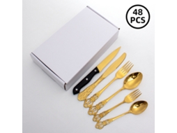 Conjunto De Jantar De 48 Peças - Dourado, Com Talheres E Colheres Em Aço Inoxidável Com Relevo Vazado.