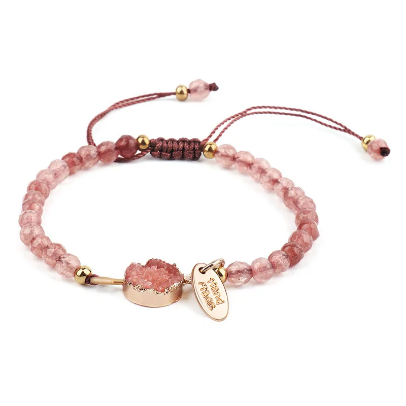 Pulseira de Contas de Cristal Natural para Chakras, Pulseira de Corda Trançada com Seção Transversal Irregular. MDUG (rosa)