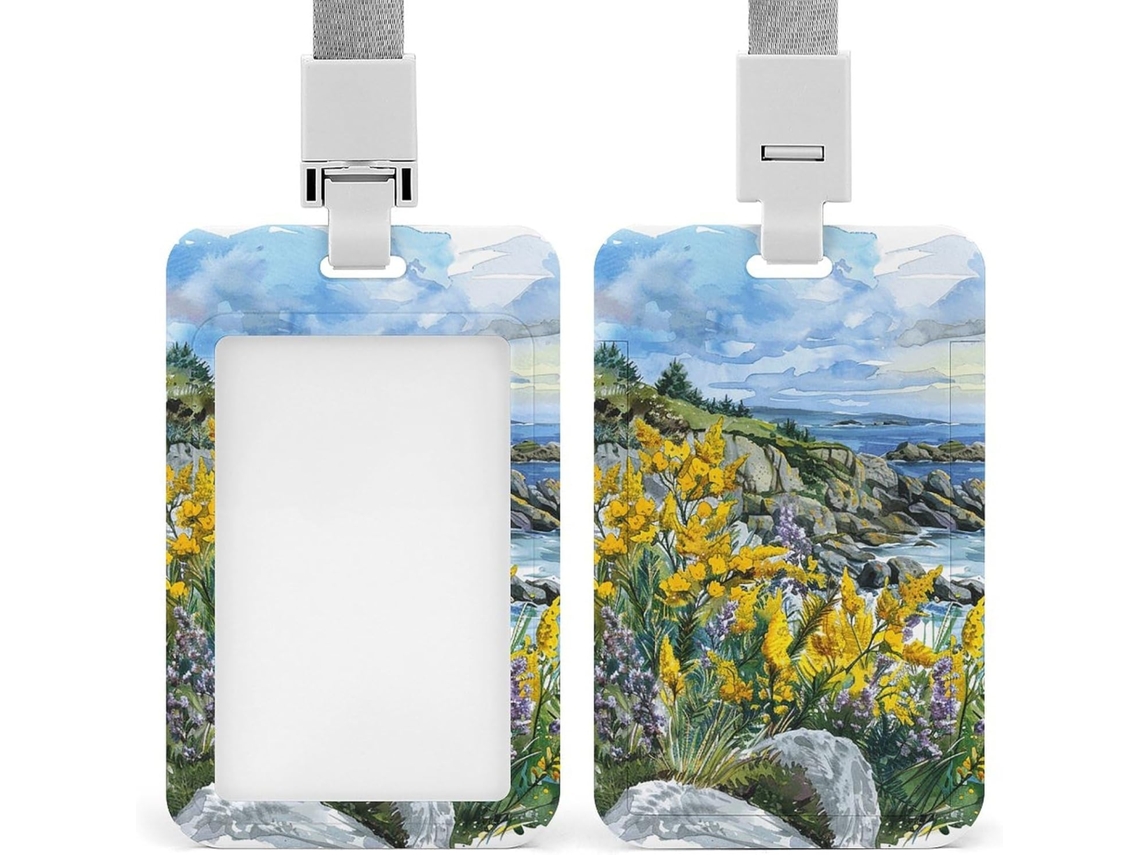 Porta Crachá Com Clipe, Porta Cartões Charmoso Com Estampa De Praia E Rochas, Com Cordão, Secretárias Ideais