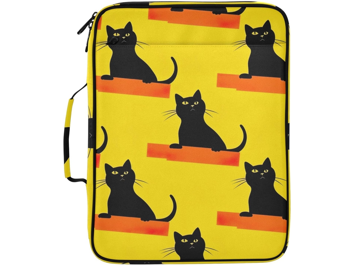 Organizador De Arquivos Expansível Na Cor Amarela Com Estampa Gato Preto, Apresentando Um Fichário Removível De 3 Argolas