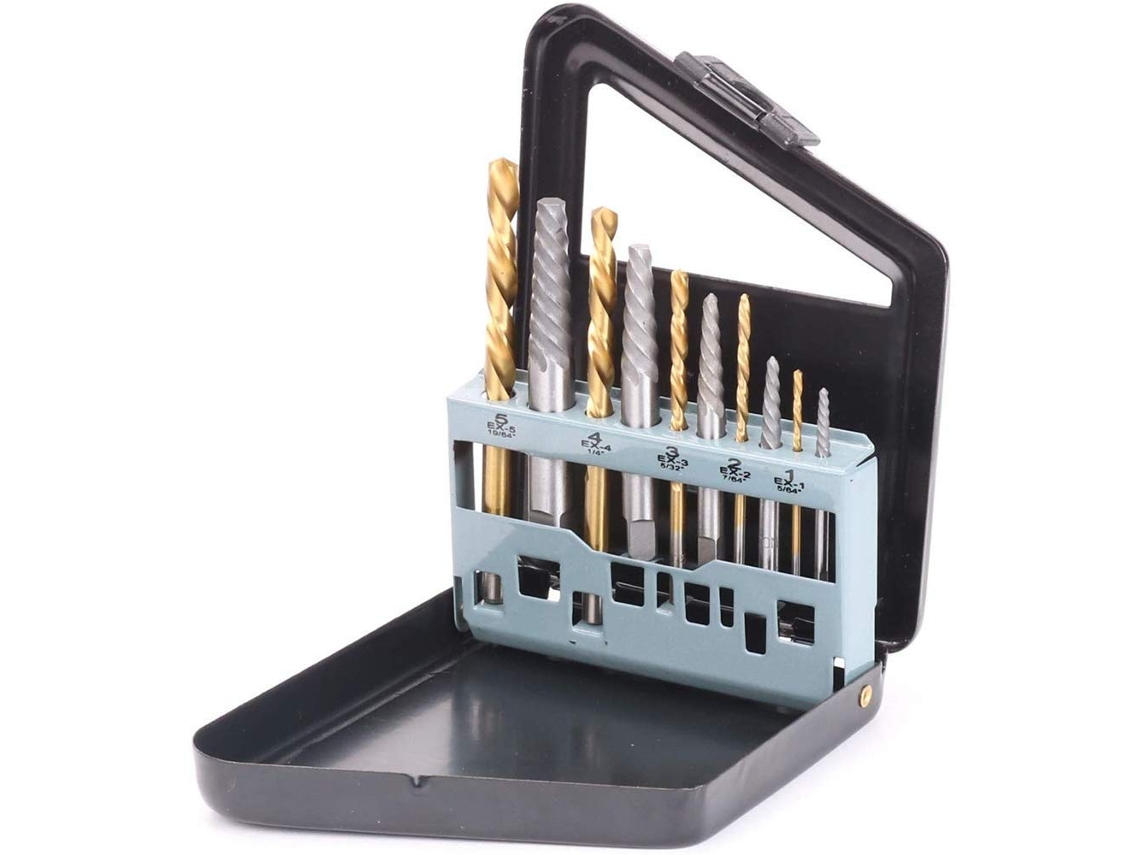 Conjunto de 10 extratores parafusos danificados HSS EX1 EX5 e brocas rosca esquerda 5/64 a 19/64 peças aço | S/MARCA