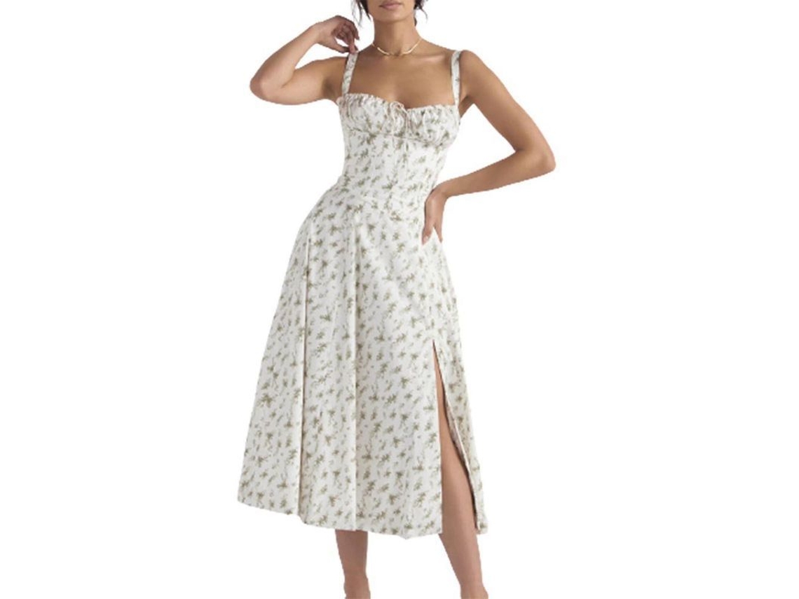 Vestido bustiê estampado sem mangas para o verão de 2026, com cordão e renda.