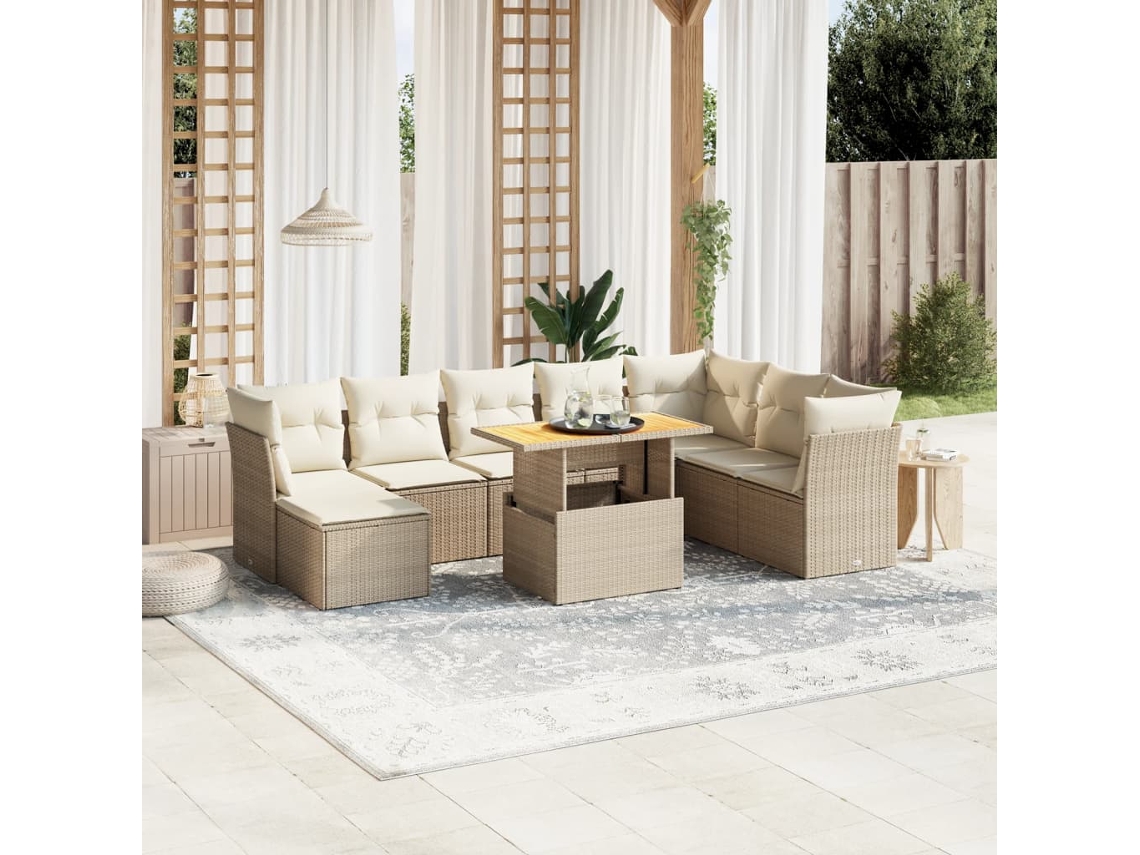 Vidaxl 9 Pcs Conjunto De Sofás P/ Jardim Com Almofadões Vime Pe Bege