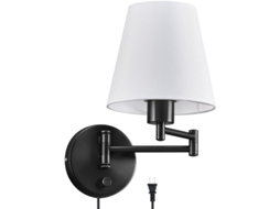 Aplique De Parede Preto Articulado Com Cabo E Cúpula De Tecido Branco