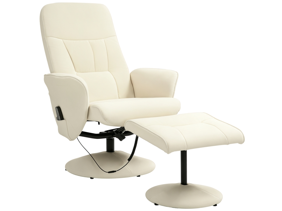 Poltrona de massagem com banquinho, 10 pontos de vibração, couro sintético, branco creme, Marca S/MARCA