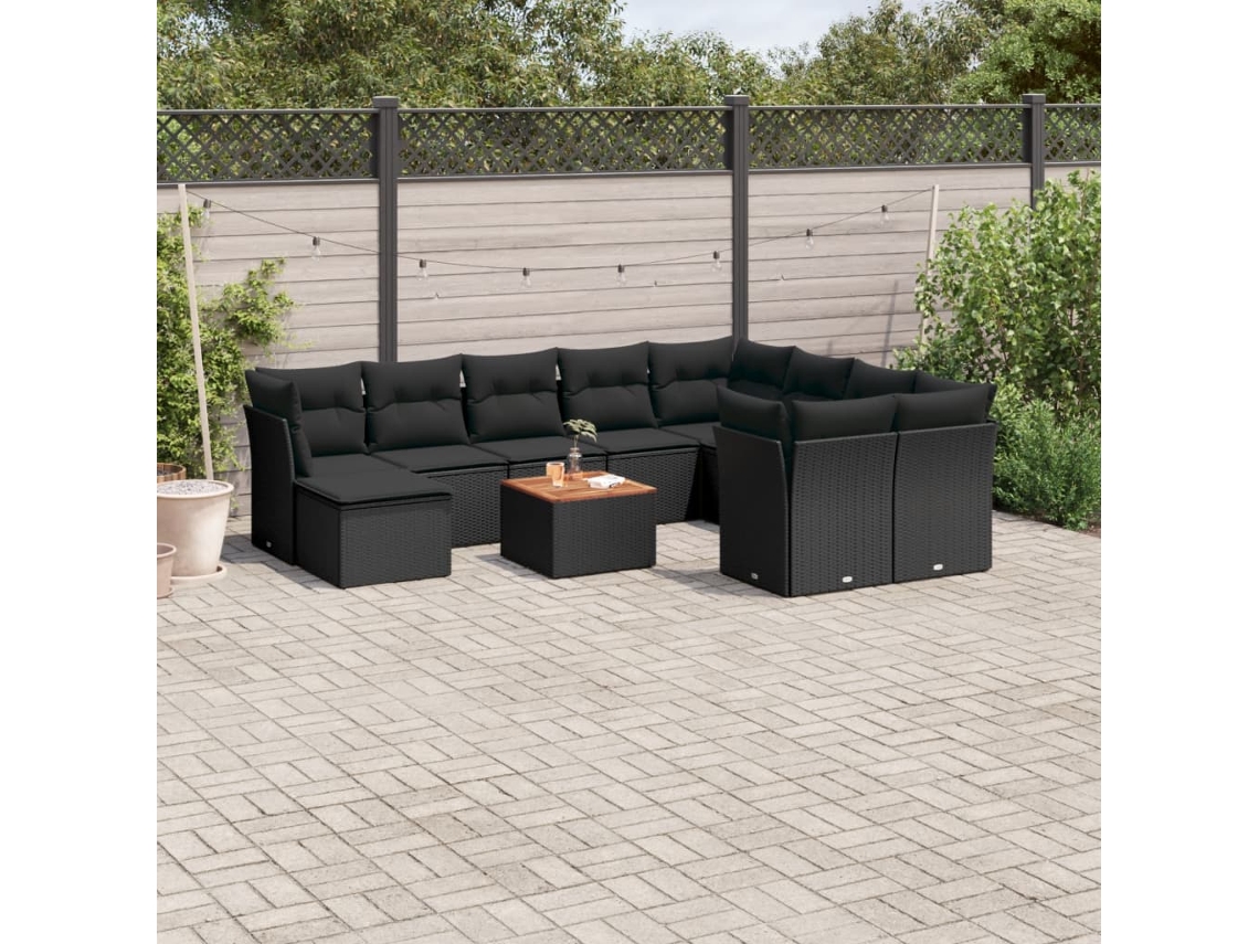 Vidaxl 11 Pcs Conjunto Sofás De Jardim C/ Almofadões Vime Pe Preto