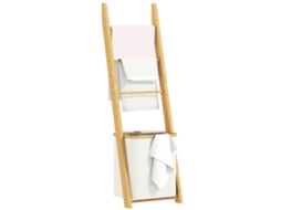 Prateleira do Banheiro. Prateleira de Banheiro 2 em 1 com 3 Hastes. Cesto de Roupa Removível de 48l. Bambu. 43 X 35 X 133 Cm. Branco Cremoso Ge