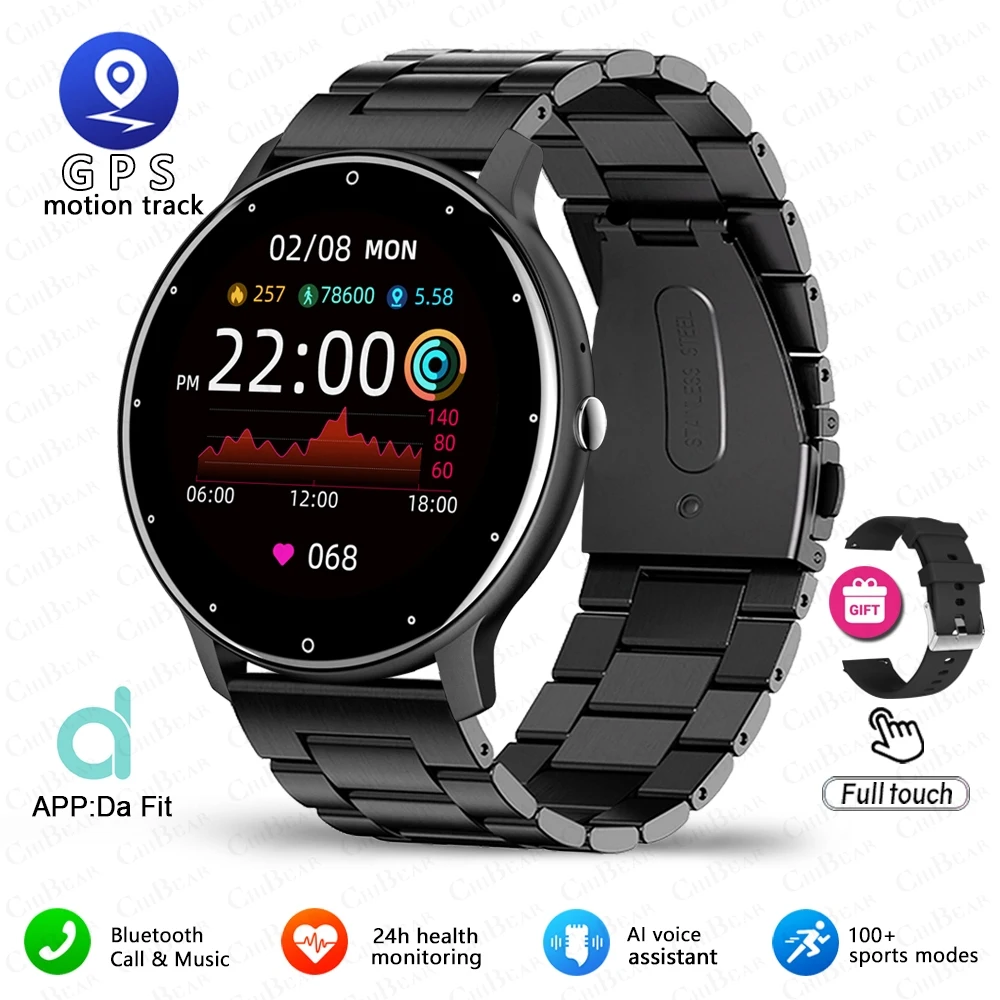 Relógio Inteligente (preto E Aço)com Tela Sensível Ao Toque Completa, Relógio Esportivo Para Fitness, À Prova D'água, Bluetooth, Android E Ios.