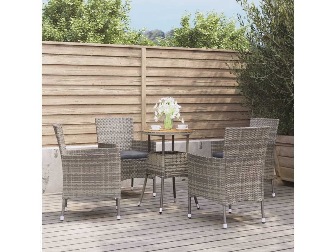 Vidaxl 5 Pcs Conjunto Bistrô De Jardim C/ Almofadões Vime Pe Cinza