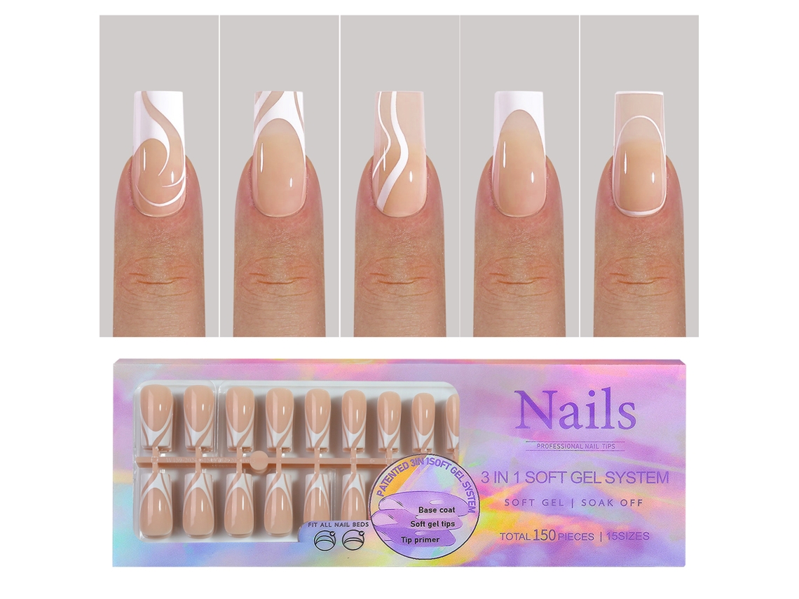 Unhas postiças nude em gel macio com primer Base E pré-aplicado, 15 tamanhos, 150 unidades para manicure faça você mesma.