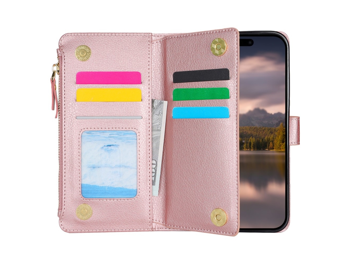 Capa Em Couro Pu Com Suporte Para Apple Iphone 16 Pro - Rosa