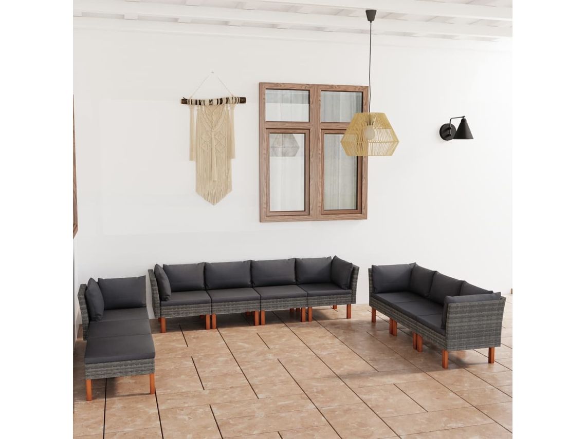 Vidaxl 10 Pcs Conjunto Lounge De Jardim C/ Almofadões Vime Pe Cinzento