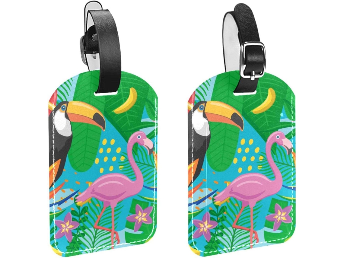 Conjunto De 2 Etiquetas Bagagem Em Couro Sintético Com Estampa Palmeiras Tropicais E Flamingos