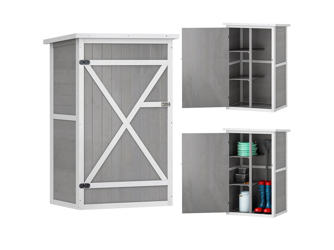 Cabana de ferramentas em madeira com 2 prateleiras e telhado impermeável 75x56x115cm cinza BTFORUS