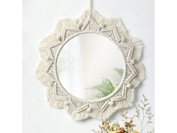 Espelho de parede boho com franjas de macramê, peça decorativa redonda para decoração de apartamentos.