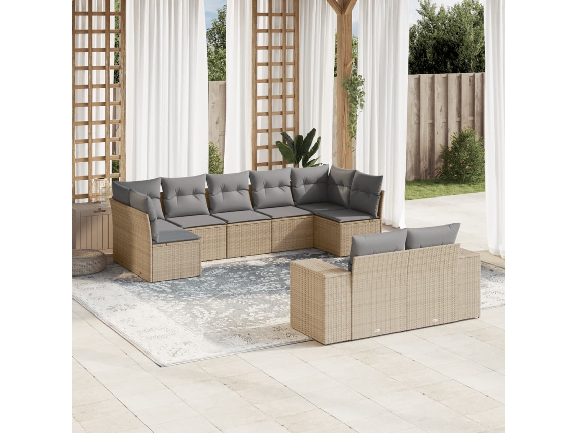 Vidaxl 9 Pcs Conjunto De Sofás P/ Jardim Com Almofadões Vime Pe Bege