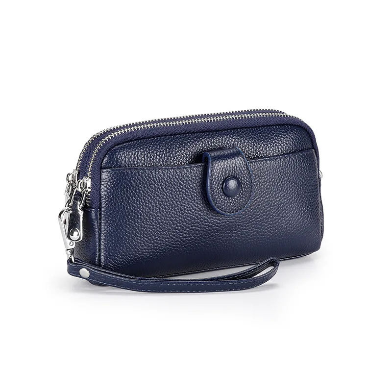 (clutch Azul) Carteira Feminina Longa Em Couro Genuíno, Tipo Clutch, Com Zíper Duplo E Alça De Pulso.