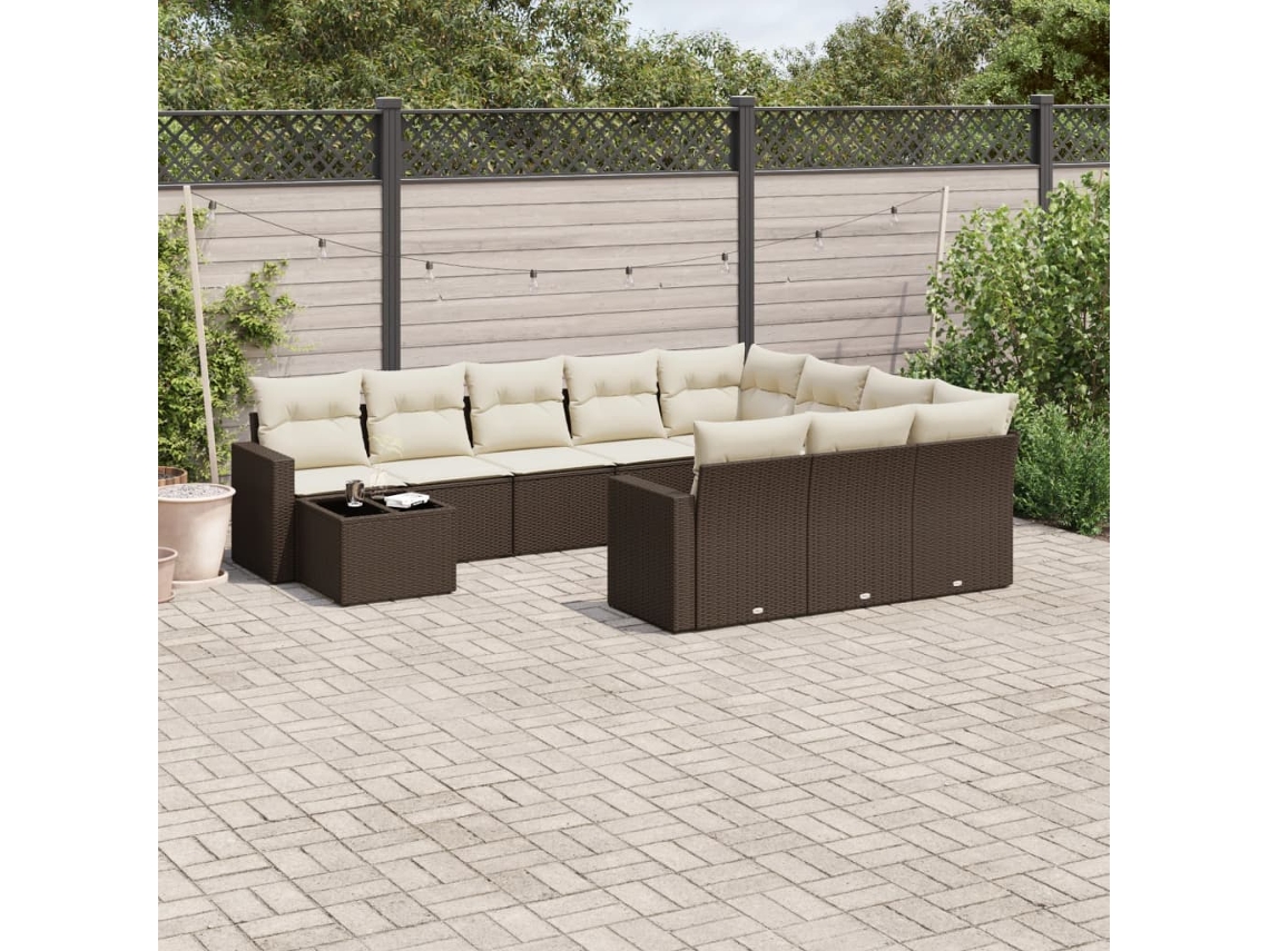 Vidaxl 11 Pcs Conjunto Sofás De Jardim C/ Almofadões Vime Pe Castanho