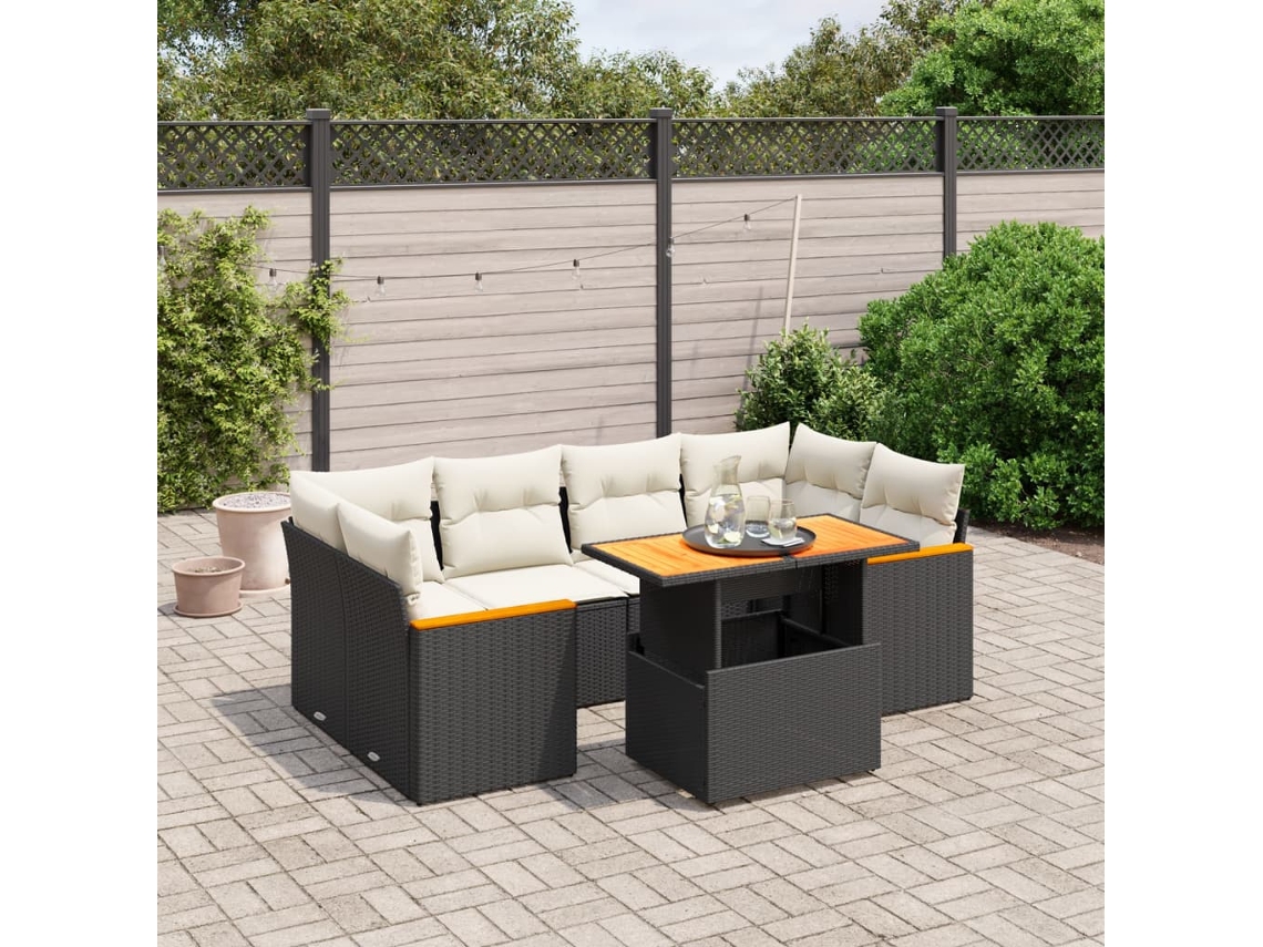 Vidaxl 7 Pcs Conjunto De Sofás P/ Jardim C/ Almofadões Vime Pe Preto