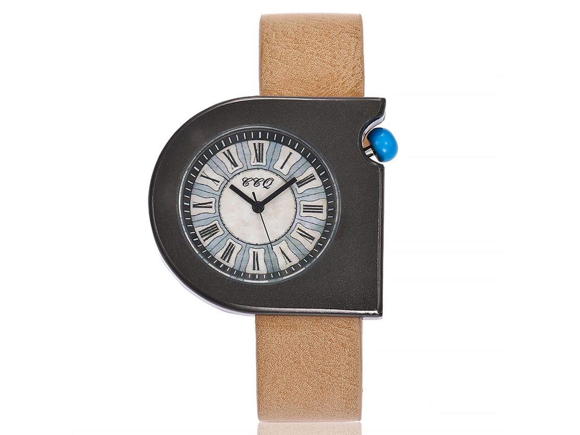 Relógio de Pulso Feminino de Quartzo com Pulseira de Couro Pu e Mostrador com Números Romanos Branco Leite