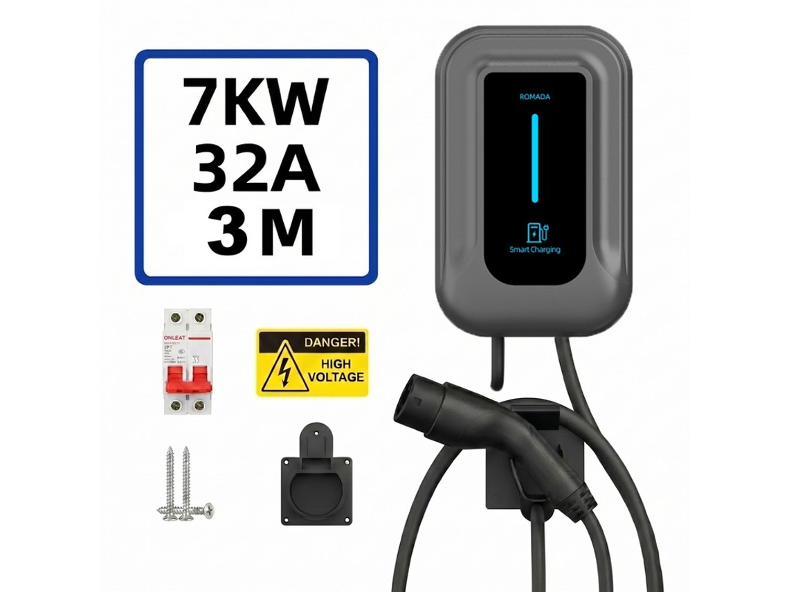 Wallbox Carregador Carro Elétrico Tipo 2 SZSMART Qc5 7kw 32a Monofásico Ajustável, Led, Instalação Direta, Cabo Aberto 3m
