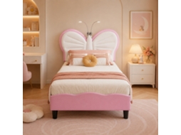 Cama Infantil 90x200 Com Luz De Leitura, Cama Individual Estofada Em PU Rosa, Cabeceira Ajustável Em Forma De Borboleta Para Crianças E Adolescentes