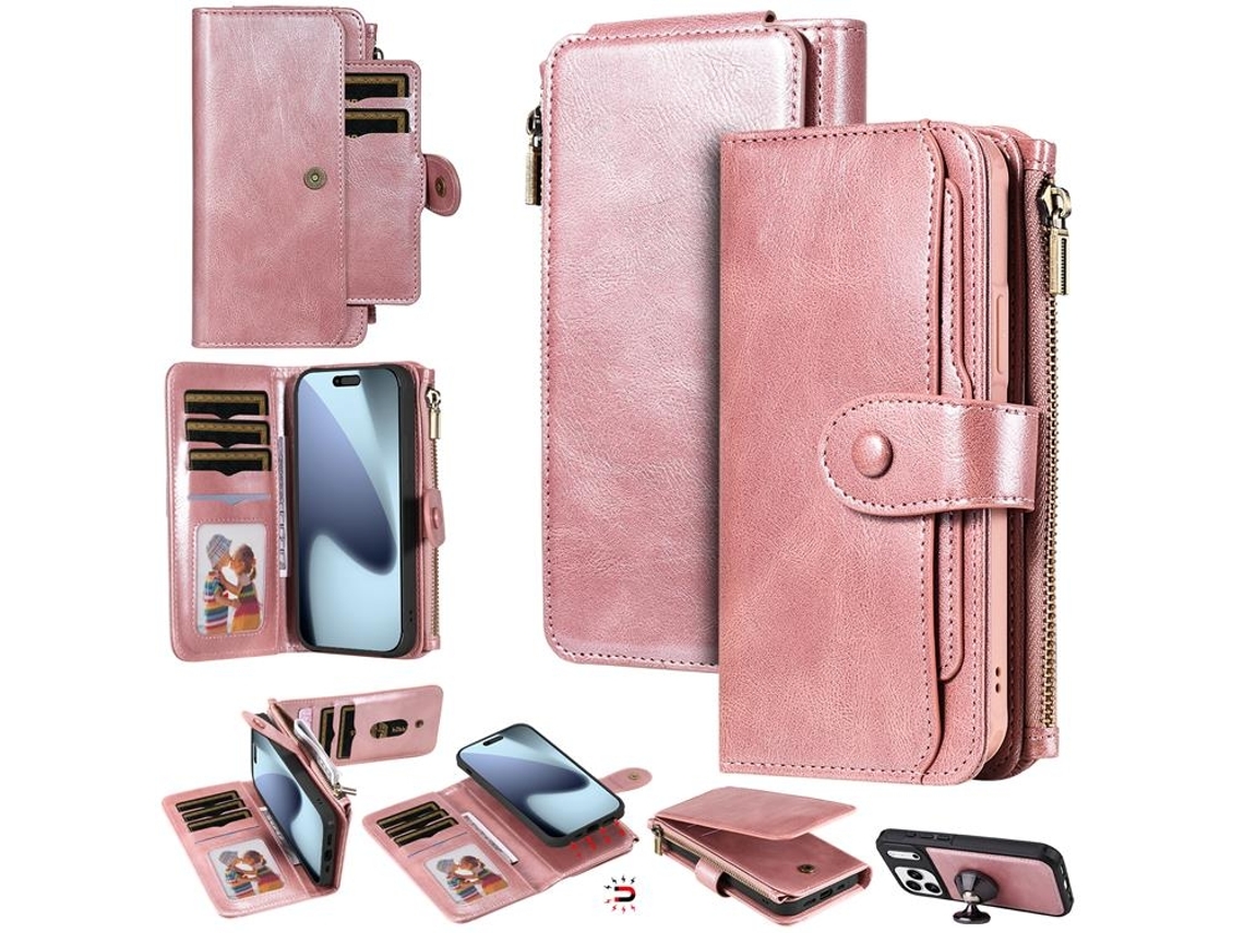 Capa Carteira Em Couro Sintético Com Zíper Removível Para Iphone 17 Pro Max - Ouro Rosa