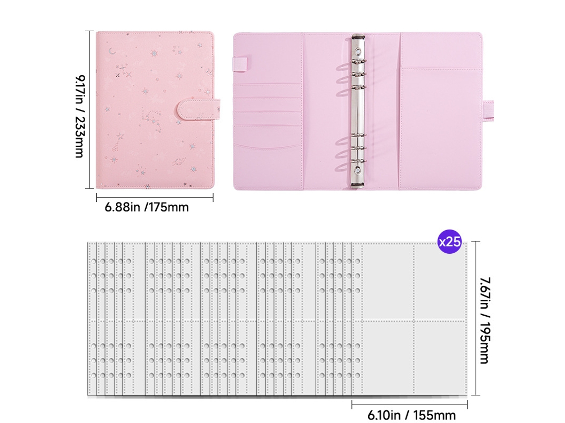 Starry Ring Binder Notebook A5 A6 Removable Refillable Student Office Planner Journal, Pink Gift Set With 25-sheets