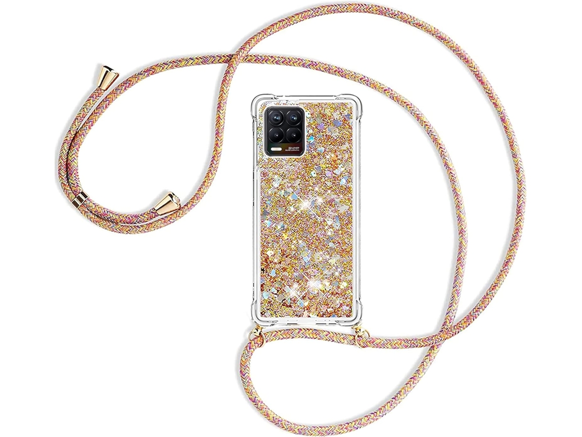 Capa com Cordão Colar Phone Areia Brilhante para Oppo Realme 8/8 Pro HONGWE. Anti-Choque Dourado