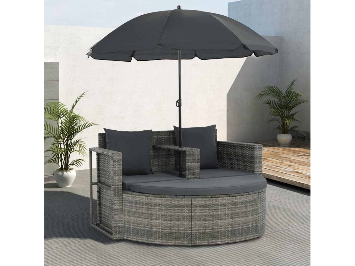 Vidaxl Sofá Jardim 2 Lugares Vime Pe Cinzento Almofadões E Guarda-sol