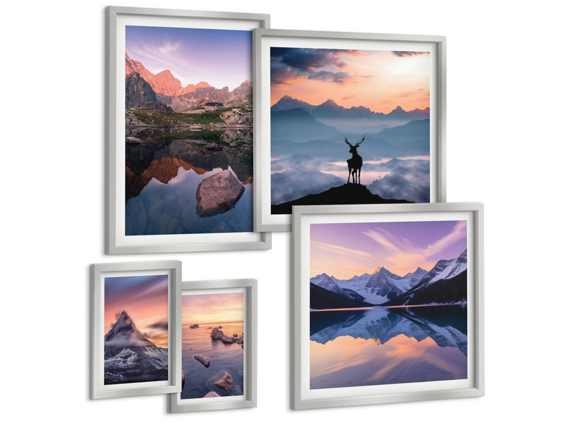 Conjunto De Pinturas Por Do Sol Nas Montanhas Reflexos Espelharte (5 Peças)