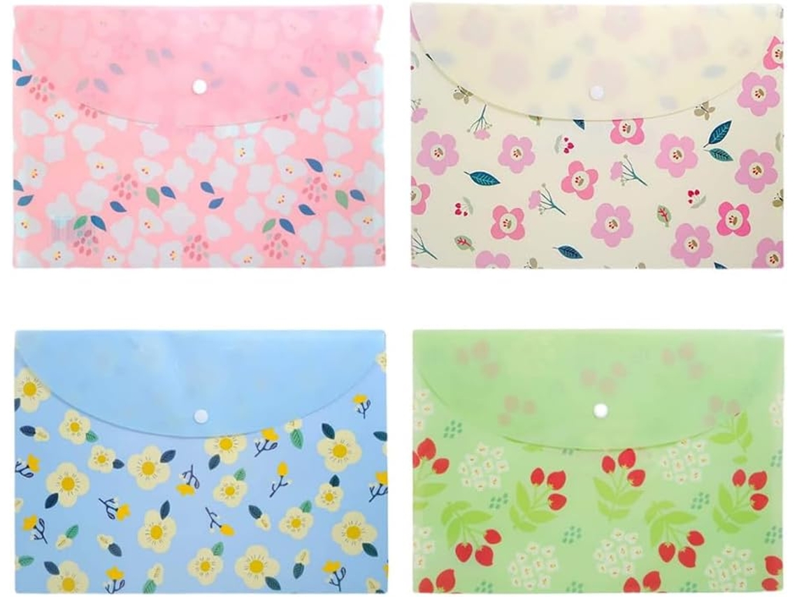 Pastas Para Documentos Com Enchimento Floral, Envelopes Plásticos, Envelopes Para Arquivos A4 Com Fecho De Pressão, 4 Unidades