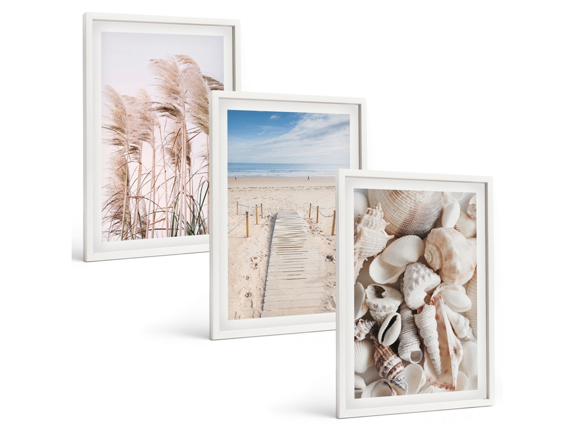 Galeria De Pinturas Murais Praia, Conchas, Grama À Beira-mar Moldura Branca Quadros Para O Escritório Espelharte (3 Piezas De 40x60 Cm)
