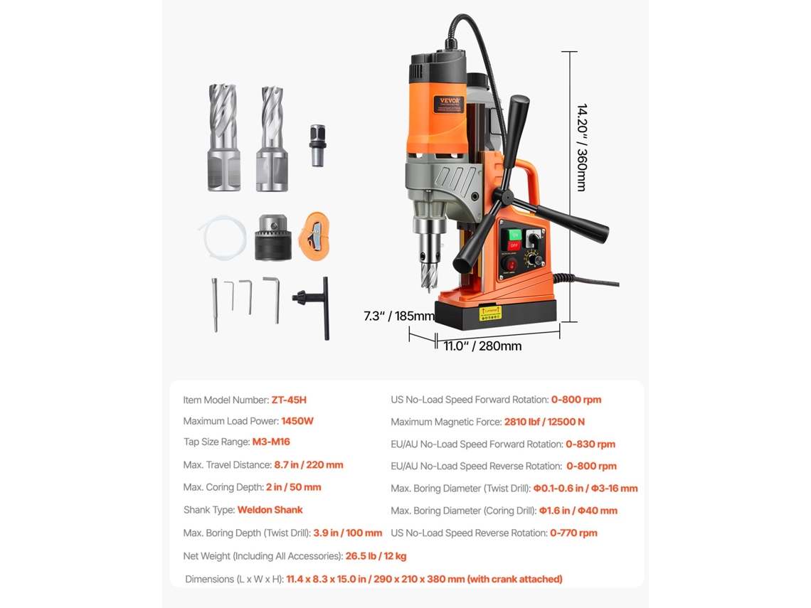 Furadeira Magnética Portátil Vevor 1450 W 12500 N Diâmetro De Perfuração 40 Mm