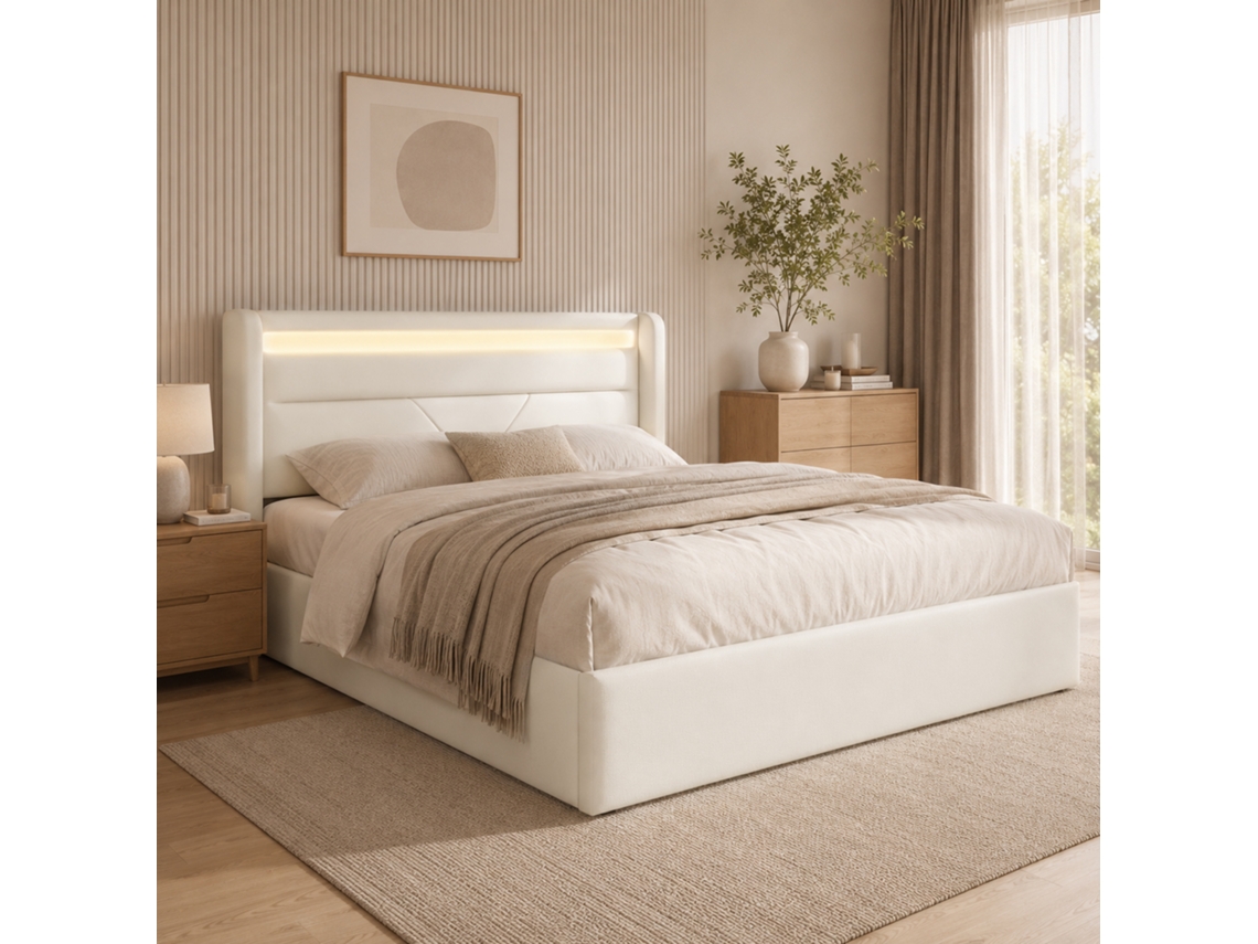 Cama Com Armazenamento Hidráulico Em Pu Branco 140x200 Cm